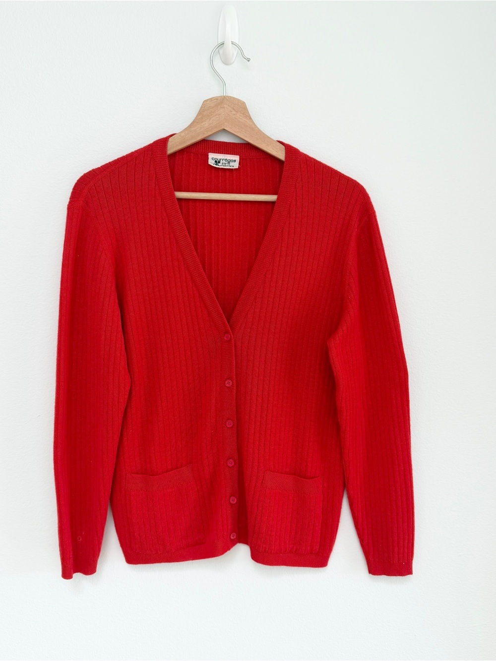 Vintage Courrèges Paris Red Ribbed V-Neck Button-Front Cardigan